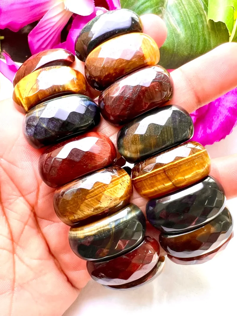Blue Red Yellow Tiger's Eye Energy Stone Oval Beaded Bracelet 25 MM Three Colour Tiger's eye Bracelet - Image 2