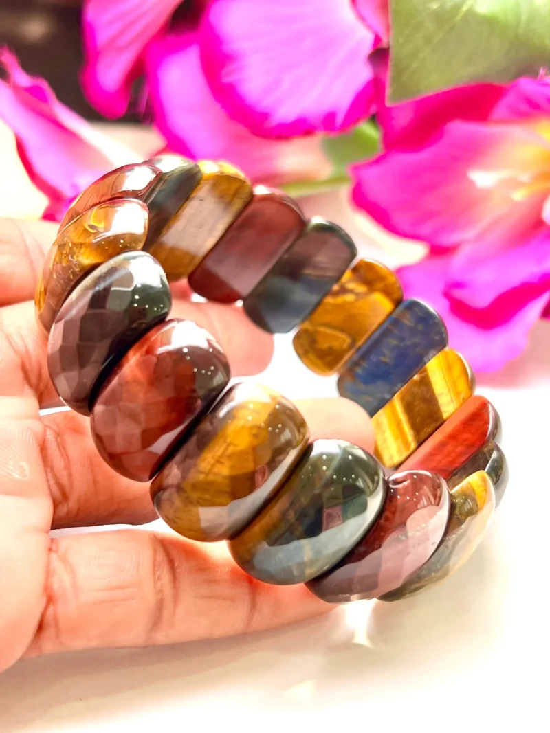 Blue Red Yellow Tiger's Eye Energy Stone Oval Beaded Bracelet 25 MM Three Colour Tiger's eye Bracelet - Image 3