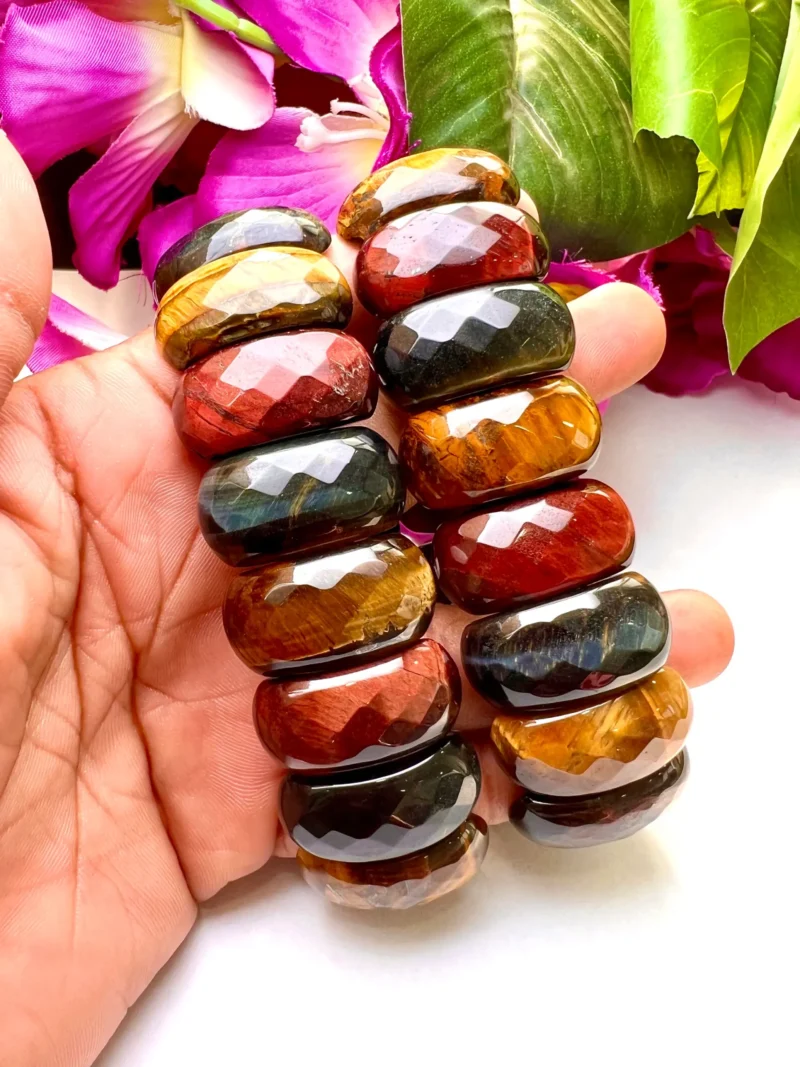 Blue Red Yellow Tiger's Eye Energy Stone Oval Beaded Bracelet 25 MM Three Colour Tiger's eye Bracelet - Image 4