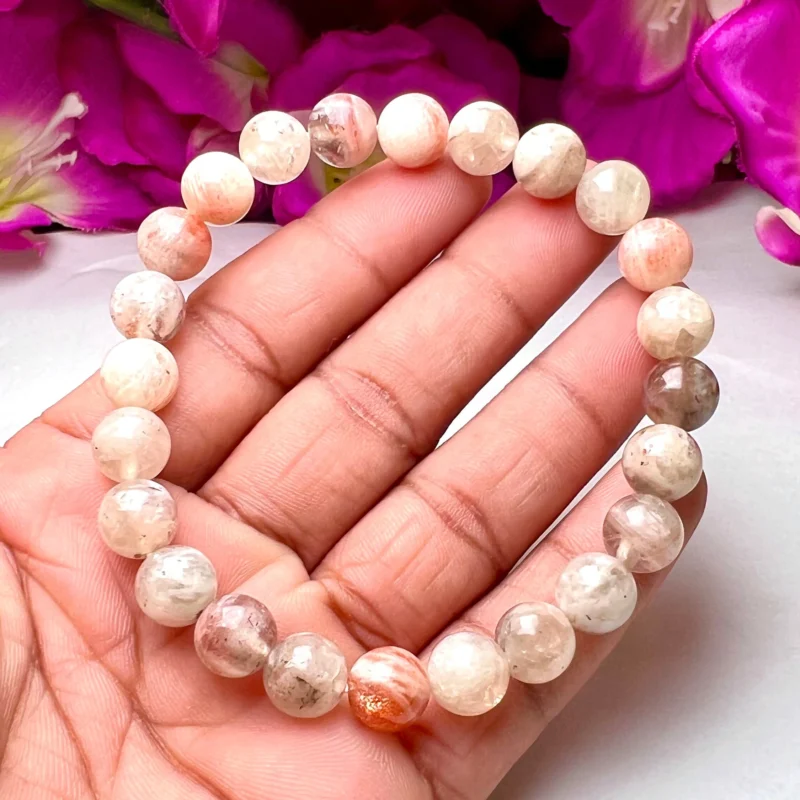 Belomorite Moonstone Sunstone Round Beaded Bracelet 8 MM Stretch Bracelet - Image 4