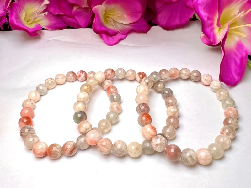 Belomorite Moonstone Sunstone Round Beaded Bracelet 8 MM Stretch Bracelet - Image 6