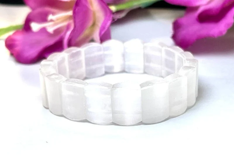 Selenite Stone Rectangle Beaded Bracelet 20 MM Stretch Bracelet