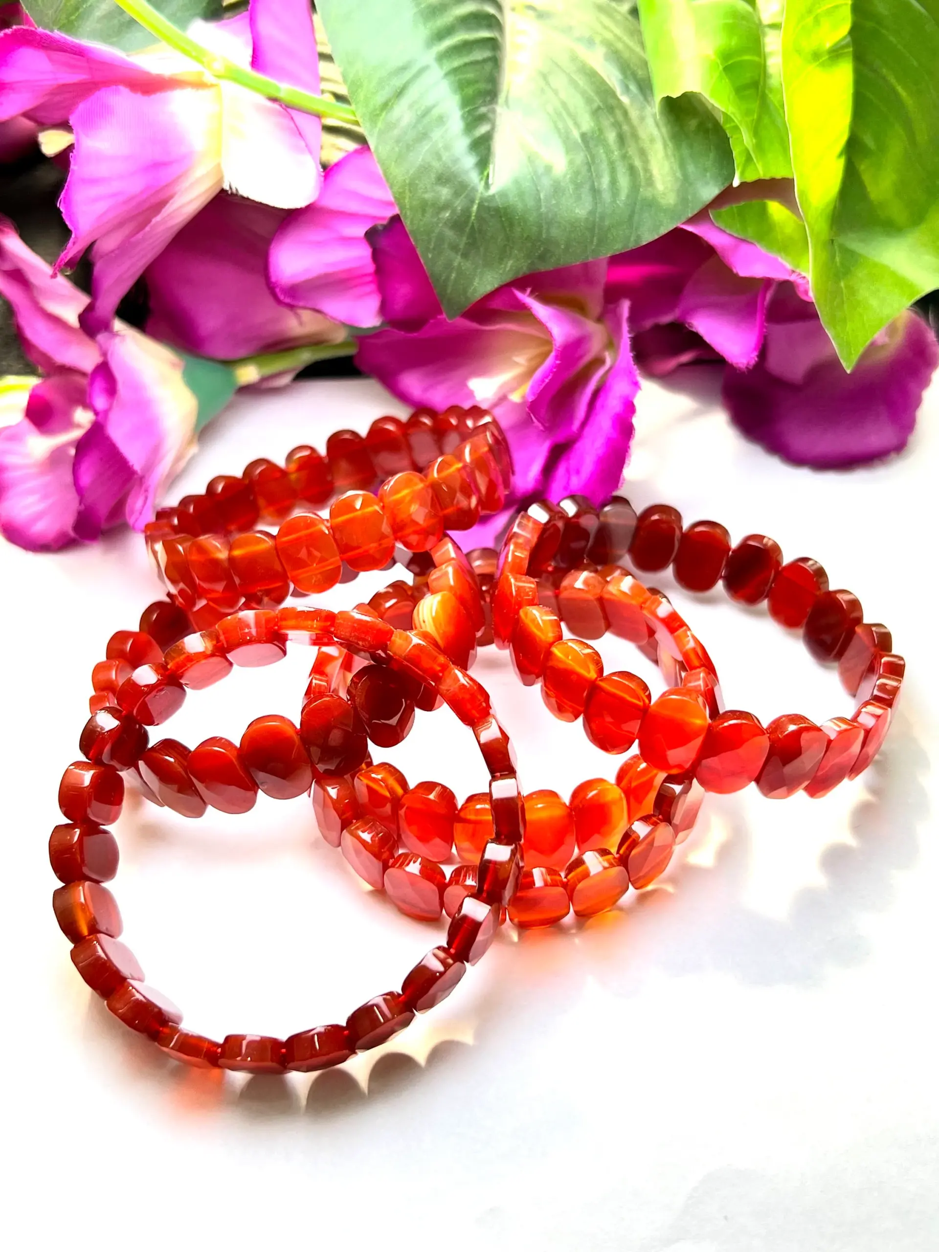 Red Carnoline Rectangle Beaded Bracelet 15 MM Stretch Bracelet - Image 5