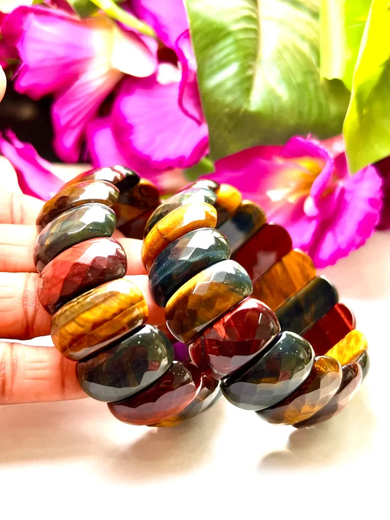 Blue Red Yellow Tiger's Eye Energy Stone Oval Beaded Bracelet 25 MM Three Colour Tiger's eye Bracelet - Image 5