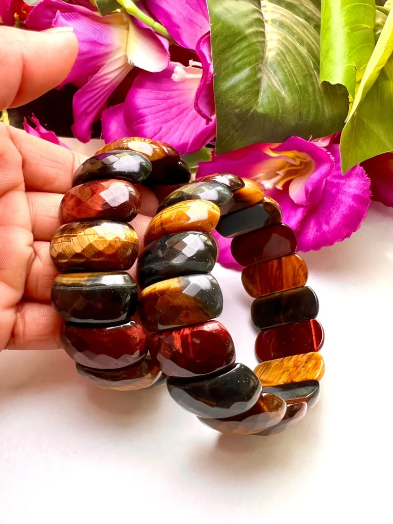 Blue Red Yellow Tiger's Eye Energy Stone Oval Beaded Bracelet 25 MM Three Colour Tiger's eye Bracelet - Image 8