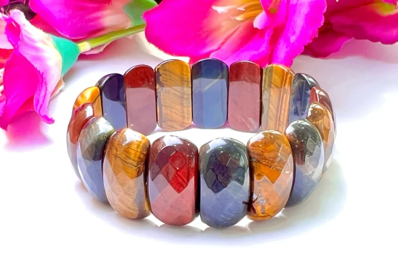 Blue Red Yellow Tiger's Eye Energy Stone Oval Beaded Bracelet 25 MM Three Colour Tiger's eye Bracelet - Image 9