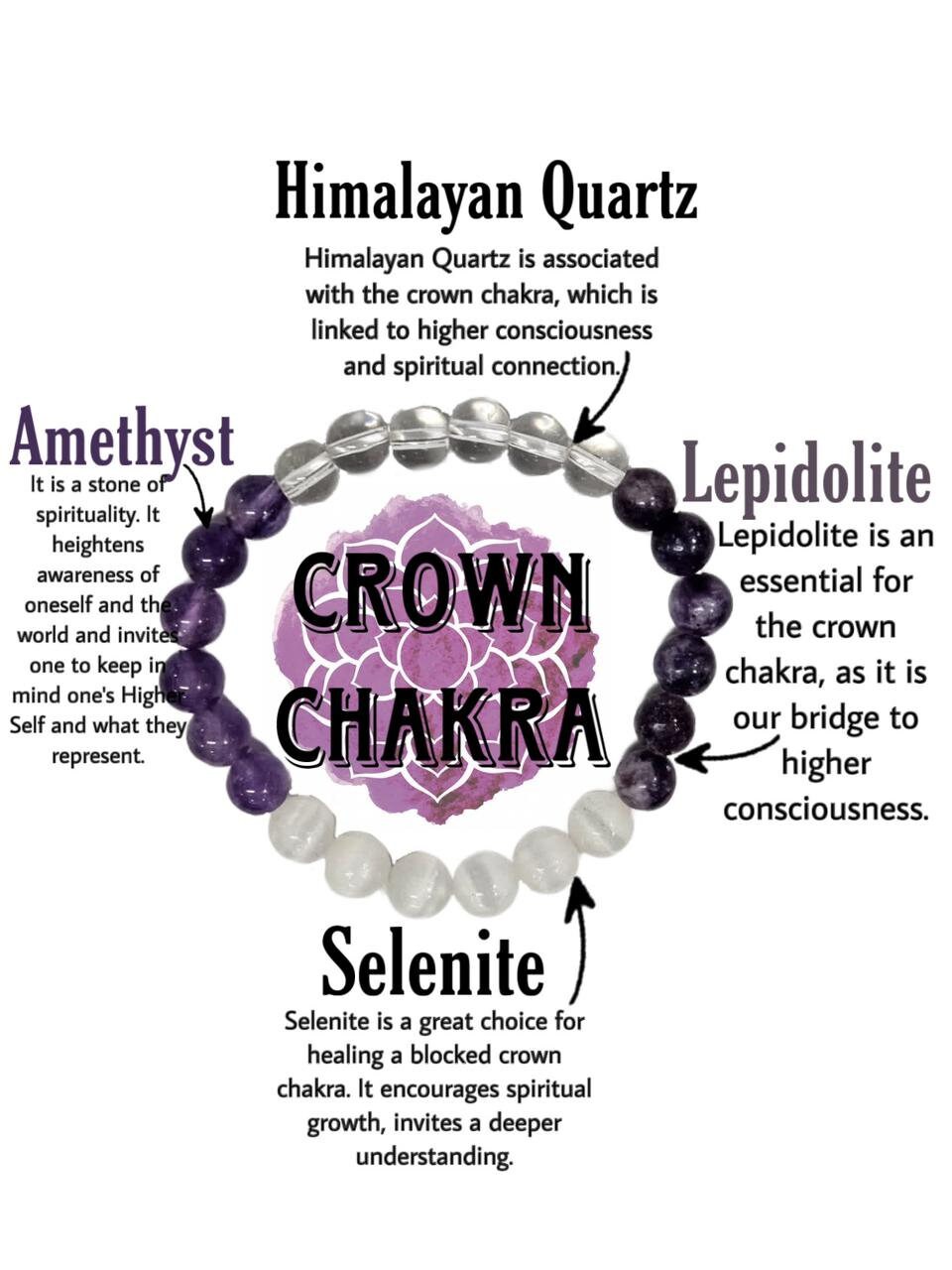 CROWN CHAKRA Chakra Natural Stone Crystal Bracelet 8mm Himalayan Crystal, Amethyst, Lepidolite, Selenite Gemstone Healing Bracelet