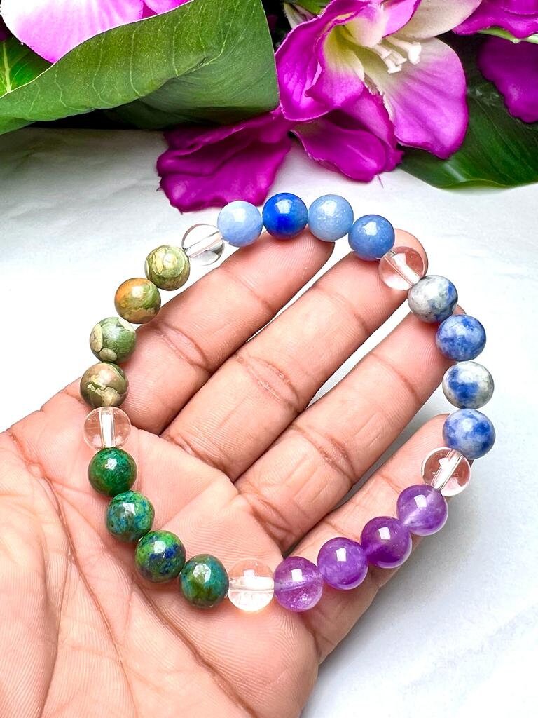 THIRD EYE BROW Chakra Chakra Natural Stone Bracelet 8mm Azurite Malachite, Sodalite, Rhyolite, Blue Aventurine, Amethyst & Himalayan Crystal - Image 2