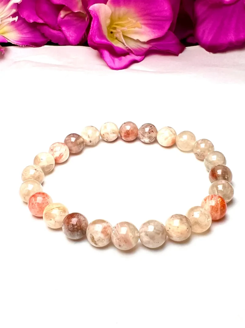 Belomorite Moonstone Sunstone Round Beaded Bracelet 8 MM Stretch Bracelet - Image 9
