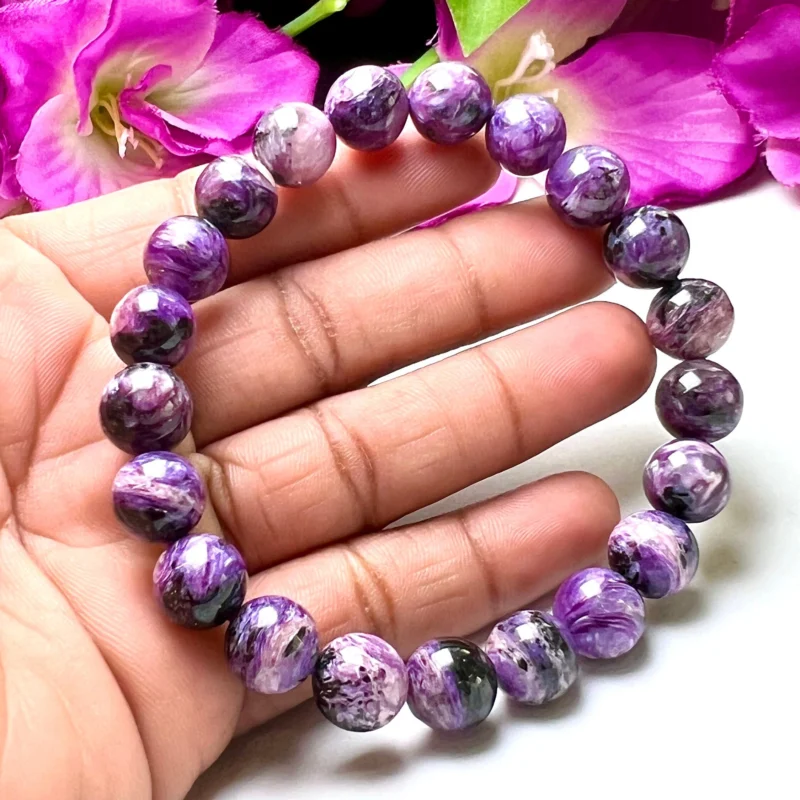 10 MM Charoite Tinaksite Stone Round Beaded Bracelet - Image 8