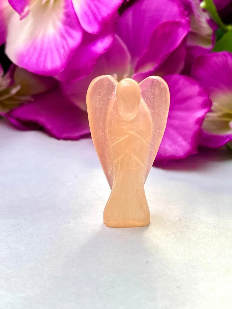 Orange Selenite Stone 2 inch free standing guardian angel crystal Reiki energy blessed hand carved Pocket Angel for angelic connection