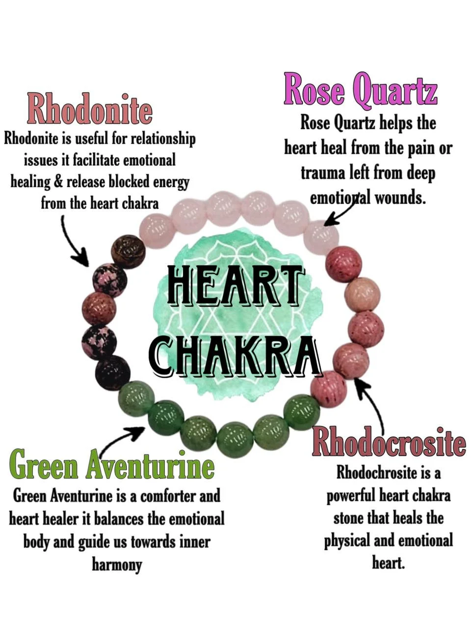HEART Chakra Natural Stone Crystal Bracelet 8mm Rhodocrosite, Rhodonite, Green Aventurine, Rose Quartz  Gemstone Healing Bracelet
