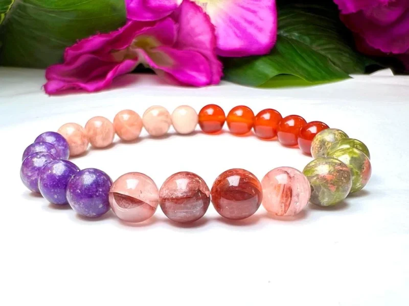 SACRAL Chakra Natural Stone Crystal Bracelet 8mm Red Lithium Quartz, Carnelian,Peach Moonstone, Lepidolite,Unakite Gemstone Healing Bracelet - Image 7