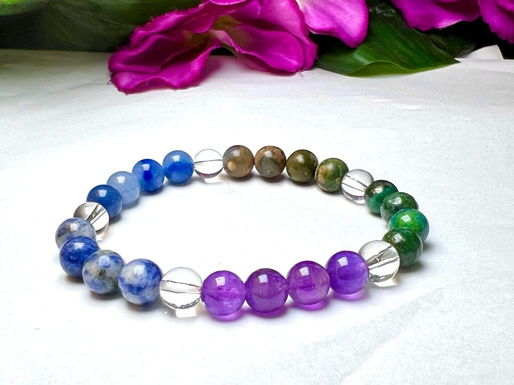 THIRD EYE BROW Chakra Chakra Natural Stone Bracelet 8mm Azurite Malachite, Sodalite, Rhyolite, Blue Aventurine, Amethyst & Himalayan Crystal - Image 6