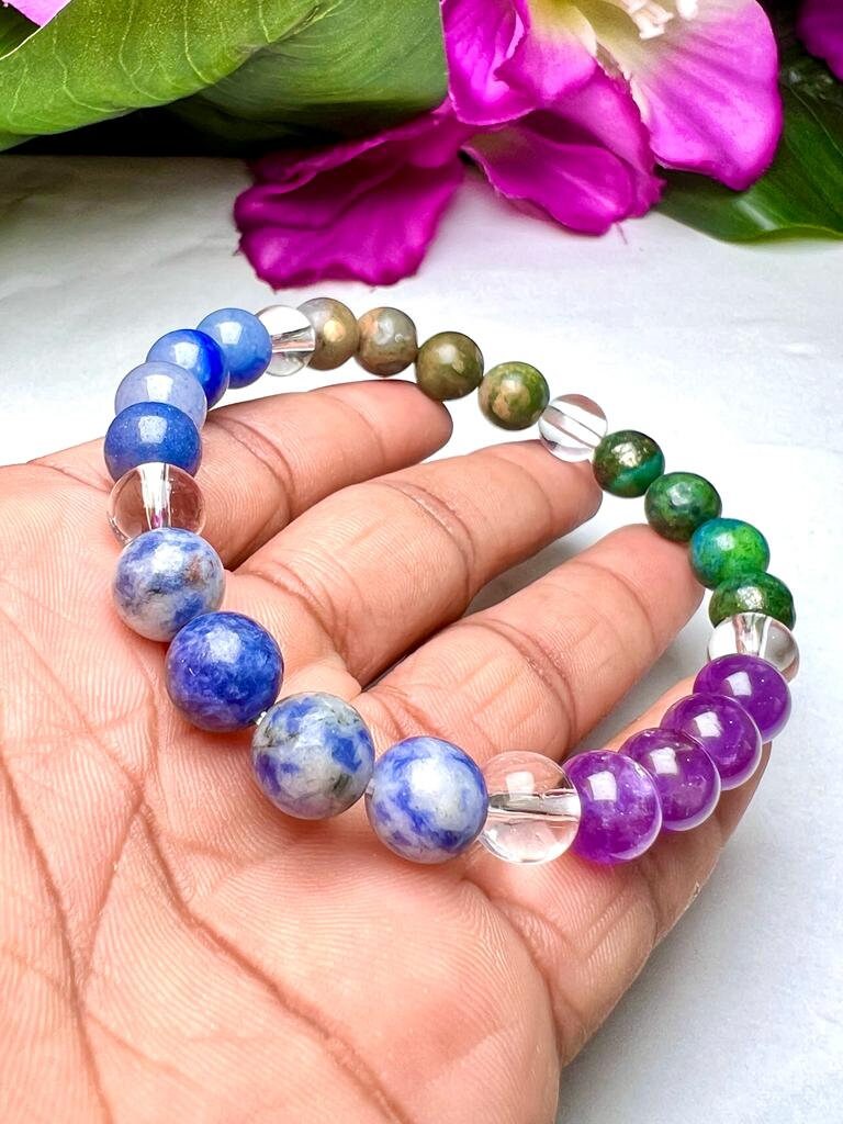 THIRD EYE BROW Chakra Chakra Natural Stone Bracelet 8mm Azurite Malachite, Sodalite, Rhyolite, Blue Aventurine, Amethyst & Himalayan Crystal - Image 7