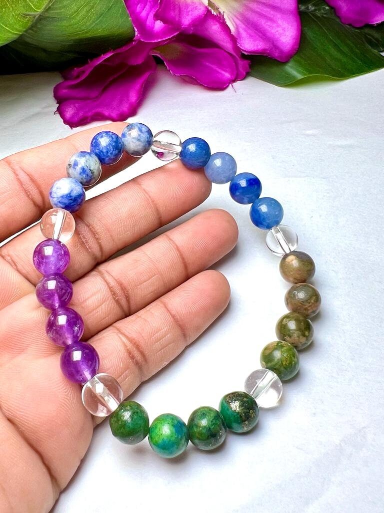 THIRD EYE BROW Chakra Chakra Natural Stone Bracelet 8mm Azurite Malachite, Sodalite, Rhyolite, Blue Aventurine, Amethyst & Himalayan Crystal - Image 8
