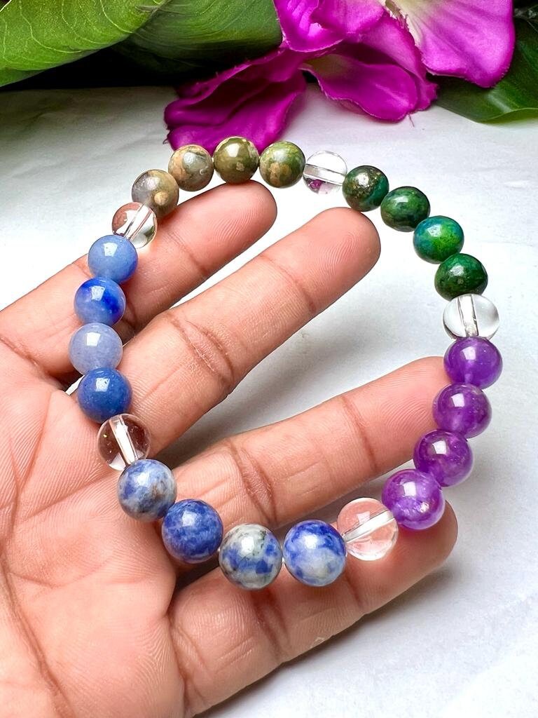 THIRD EYE BROW Chakra Chakra Natural Stone Bracelet 8mm Azurite Malachite, Sodalite, Rhyolite, Blue Aventurine, Amethyst & Himalayan Crystal - Image 9