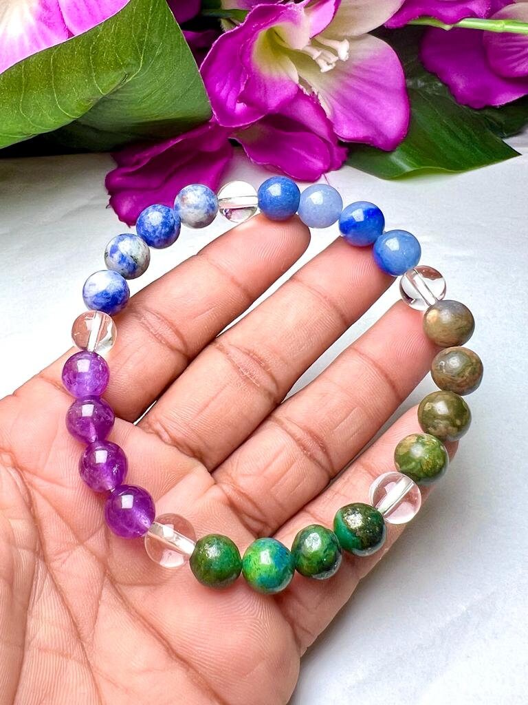 THIRD EYE BROW Chakra Chakra Natural Stone Bracelet 8mm Azurite Malachite, Sodalite, Rhyolite, Blue Aventurine, Amethyst & Himalayan Crystal - Image 10