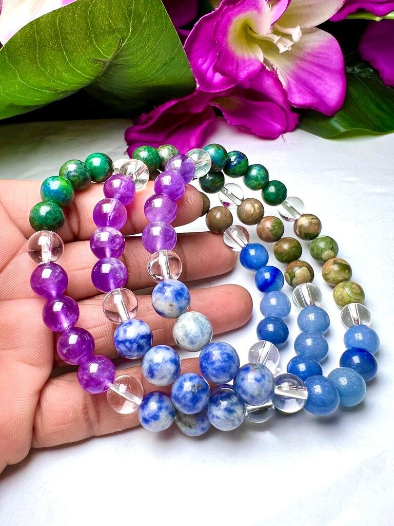 THIRD EYE BROW Chakra Chakra Natural Stone Bracelet 8mm Azurite Malachite, Sodalite, Rhyolite, Blue Aventurine, Amethyst & Himalayan Crystal - Image 11