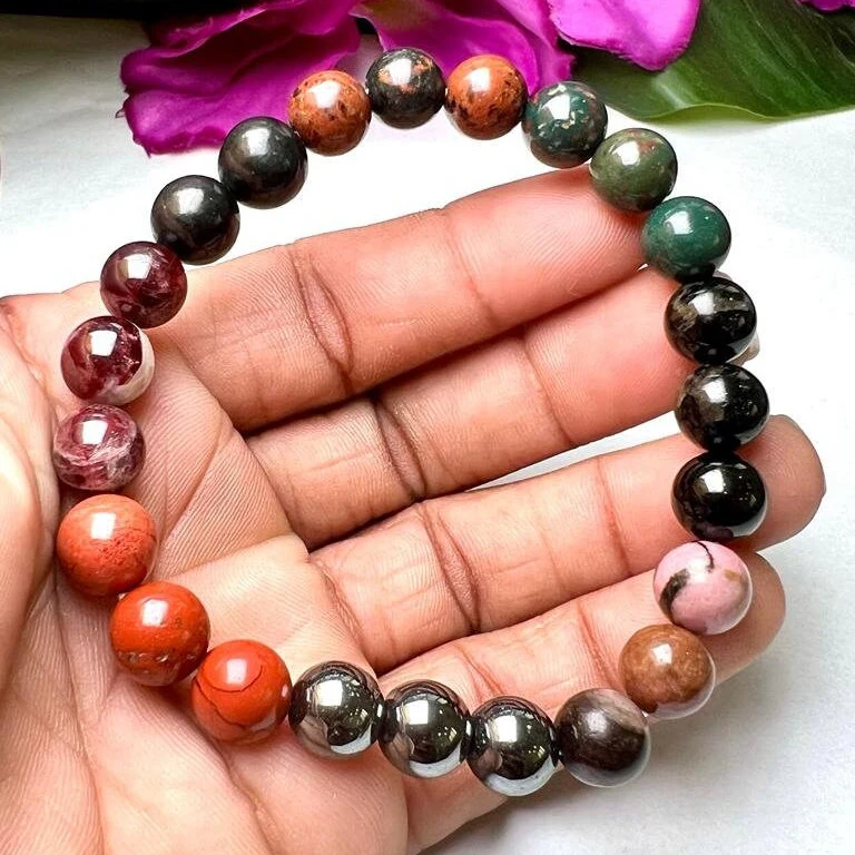 ROOT CHAKRA Natural Stone Bracelet 8 mm Shungite, Mahagony Obsidian, Garnet, Bloodstone, Red Jasper, Hematite, Rhodonite & Black Tourmaline - Image 6