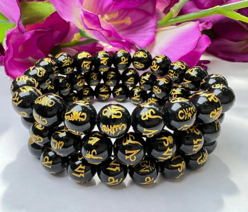 Om Mani Padme Hum Black Obsidian Stone Tibetan Round Beaded Bracelet 6 MM 8 MM 10 MM Stretch Bracelet - Image 9