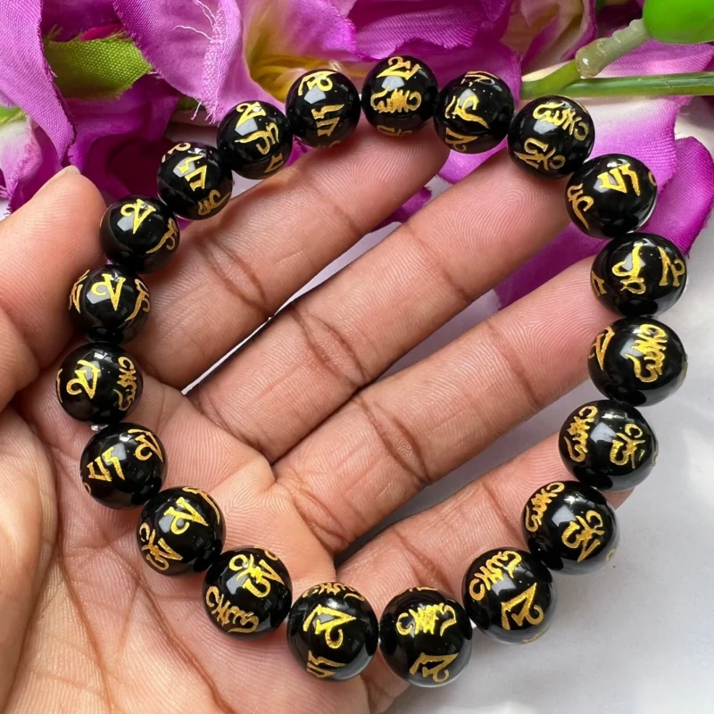Om Mani Padme Hum Black Obsidian Stone Tibetan Round Beaded Bracelet 6 MM 8 MM 10 MM Stretch Bracelet - Image 10
