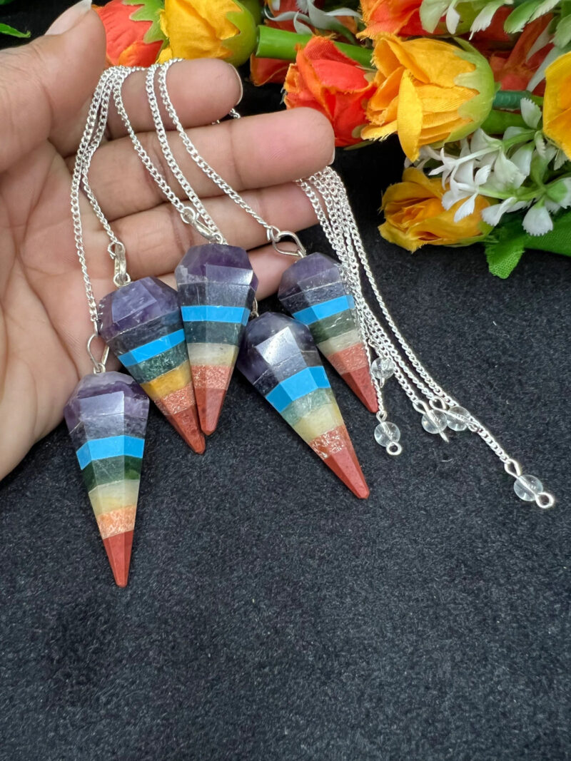 7 Seven Chakras Stone Faceted Cone Pendulum Gemstone Dowsing Pendulum Chain Attached Reiki Crystal Healing - Image 2