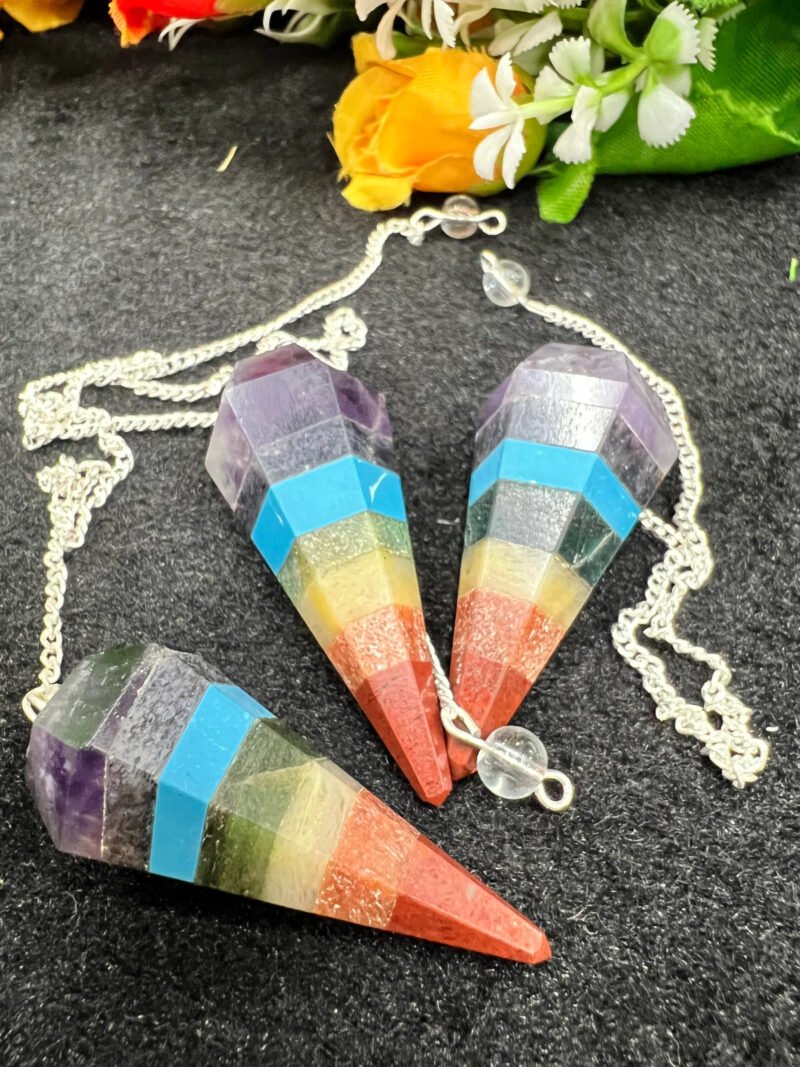 7 Seven Chakras Stone Faceted Cone Pendulum Gemstone Dowsing Pendulum Chain Attached Reiki Crystal Healing