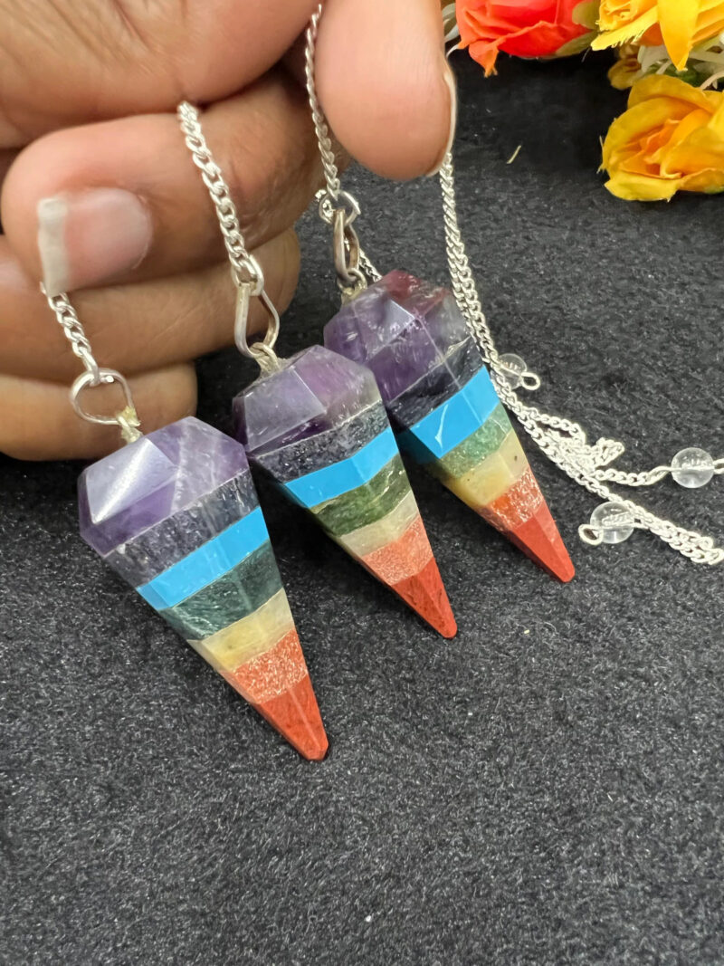 7 Seven Chakras Stone Faceted Cone Pendulum Gemstone Dowsing Pendulum Chain Attached Reiki Crystal Healing - Image 4