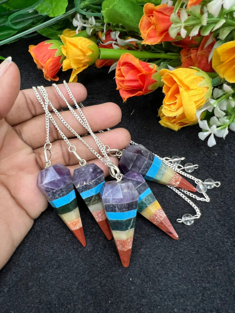 7 Seven Chakras Stone Faceted Cone Pendulum Gemstone Dowsing Pendulum Chain Attached Reiki Crystal Healing - Image 5