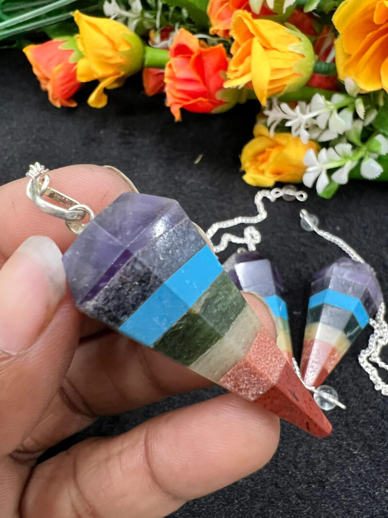 7 Seven Chakras Stone Faceted Cone Pendulum Gemstone Dowsing Pendulum Chain Attached Reiki Crystal Healing - Image 7