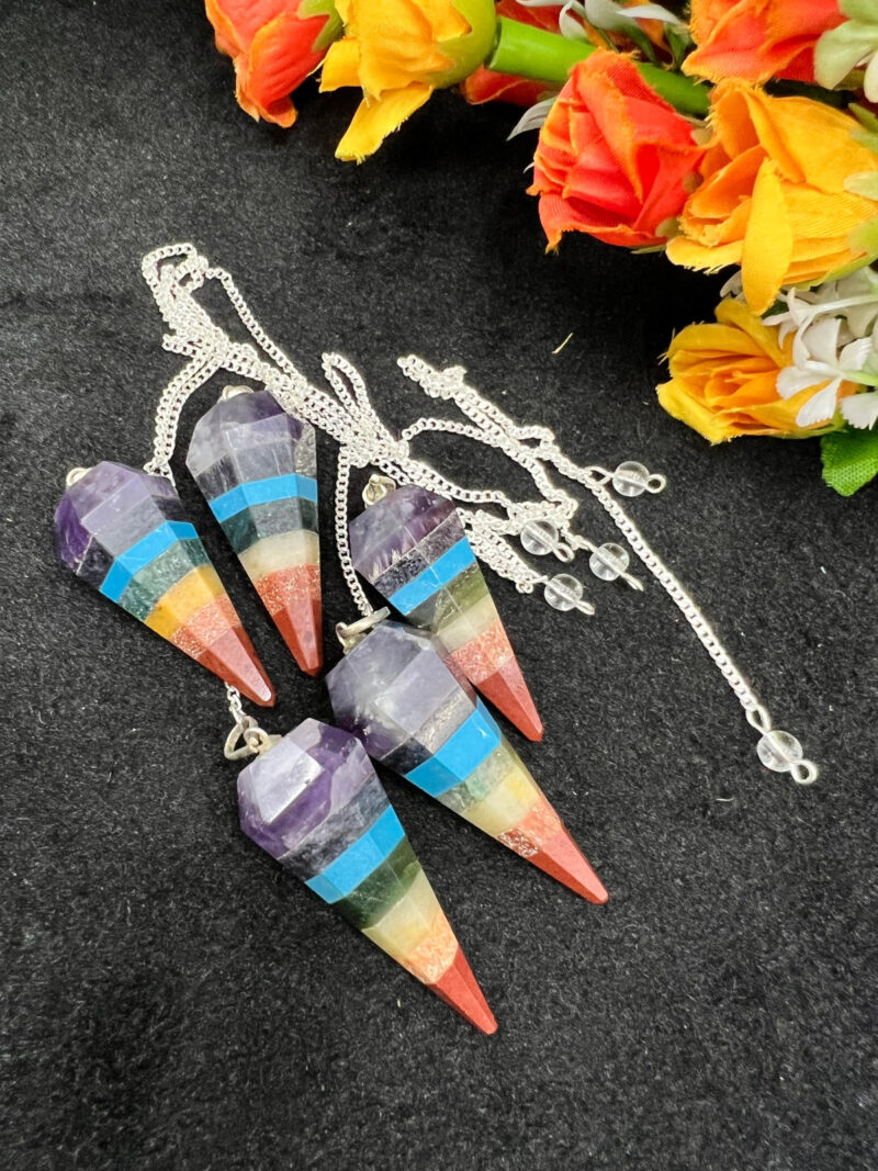 7 Seven Chakras Stone Faceted Cone Pendulum Gemstone Dowsing Pendulum Chain Attached Reiki Crystal Healing - Image 8