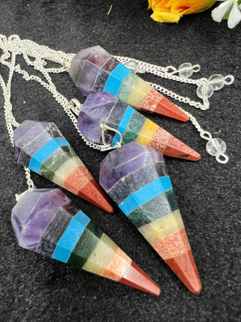 7 Seven Chakras Stone Faceted Cone Pendulum Gemstone Dowsing Pendulum Chain Attached Reiki Crystal Healing - Image 9