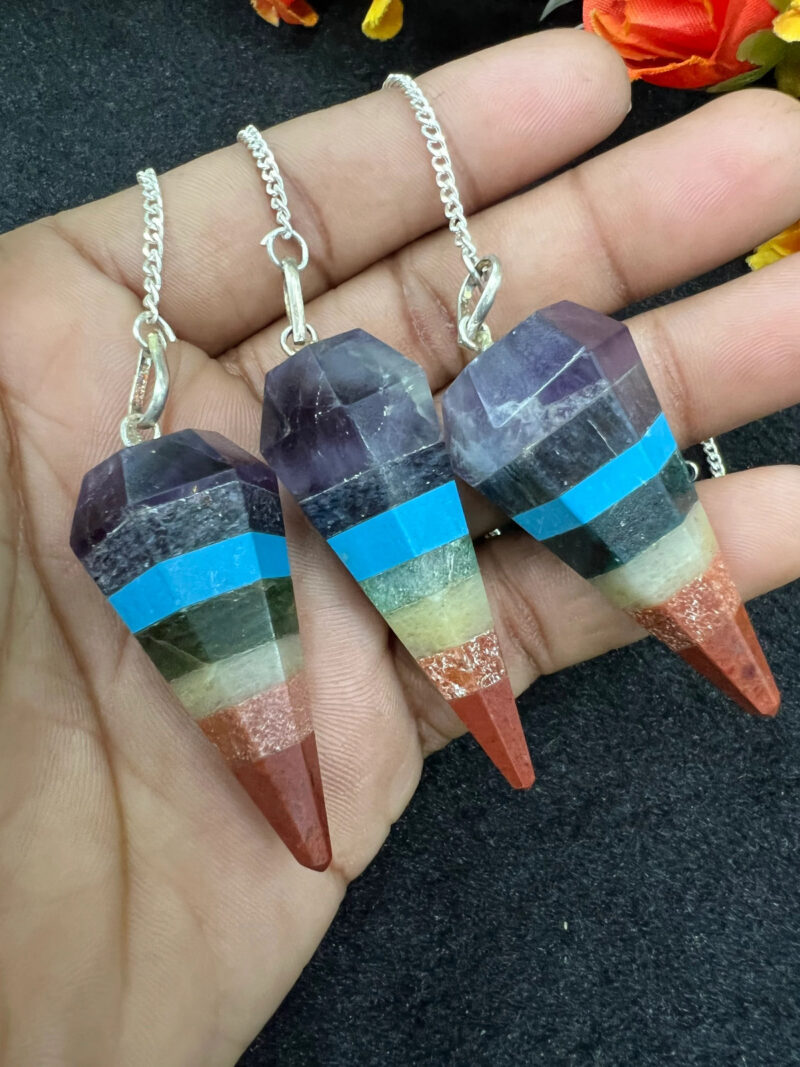 7 Seven Chakras Stone Faceted Cone Pendulum Gemstone Dowsing Pendulum Chain Attached Reiki Crystal Healing - Image 10