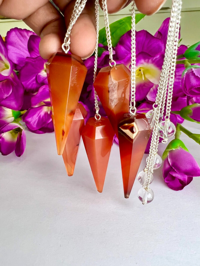 Carnelian Stone Faceted Cone Pendulum Gemstone Dowsing Pendulum Chain Attached Reiki Crystal Healing