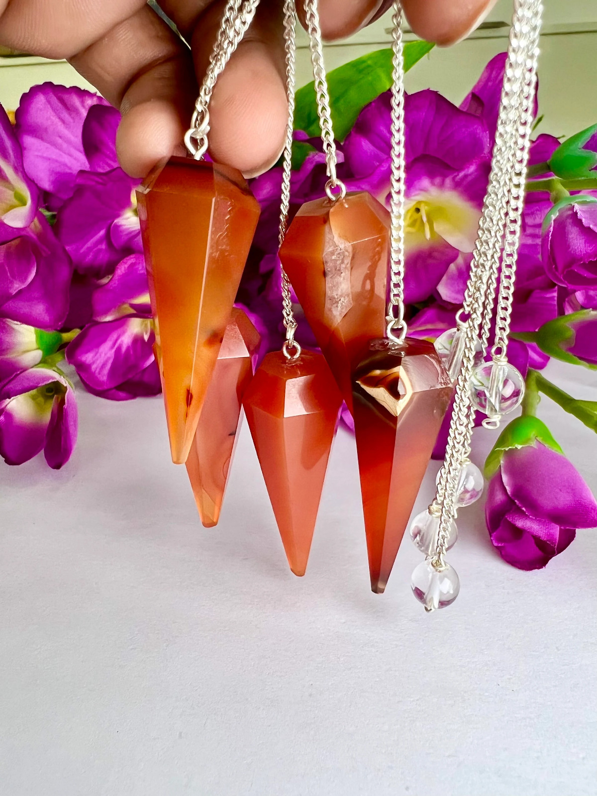 Carnelian Stone Faceted Cone Pendulum Gemstone Dowsing Pendulum Chain Attached Reiki Crystal Healing