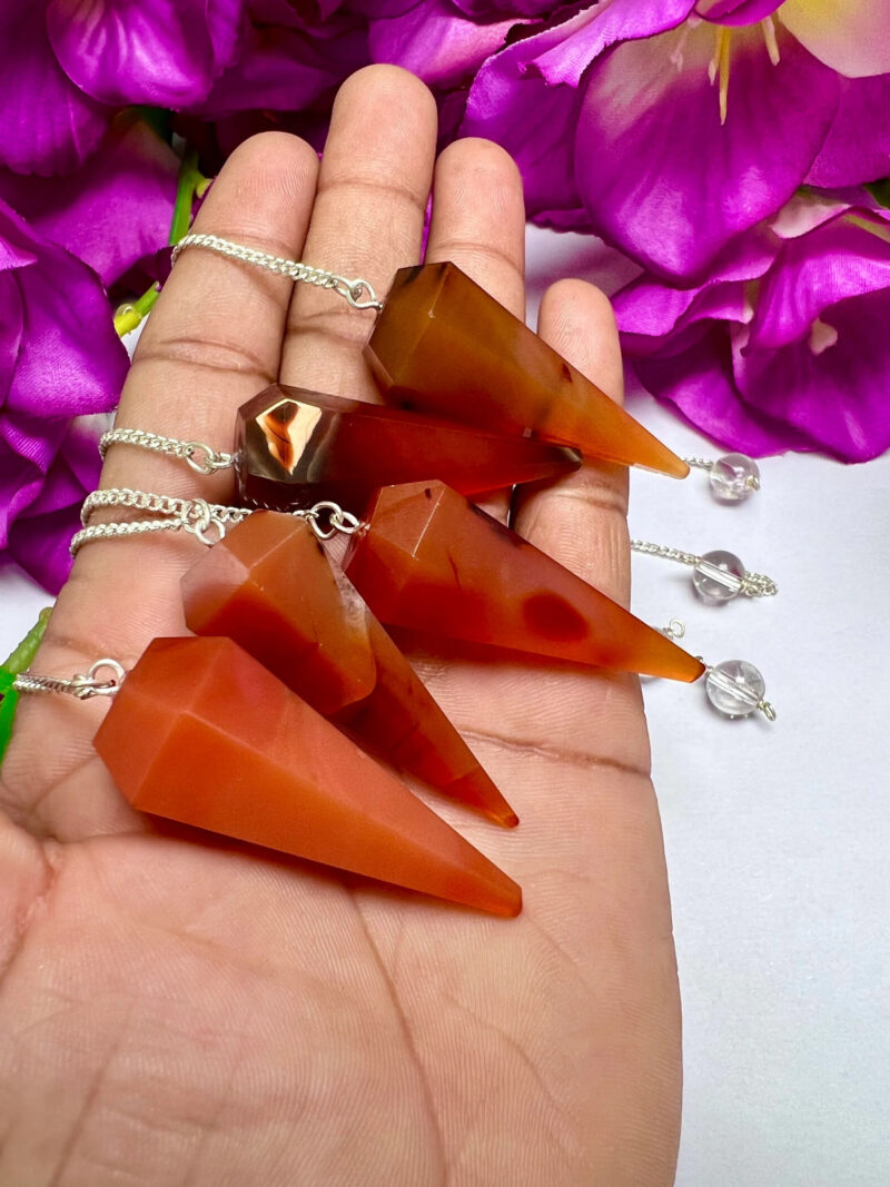 Carnelian Stone Faceted Cone Pendulum Gemstone Dowsing Pendulum Chain Attached Reiki Crystal Healing - Image 6