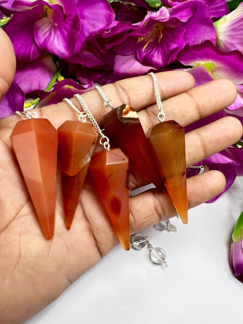 Carnelian Stone Faceted Cone Pendulum Gemstone Dowsing Pendulum Chain Attached Reiki Crystal Healing - Image 7