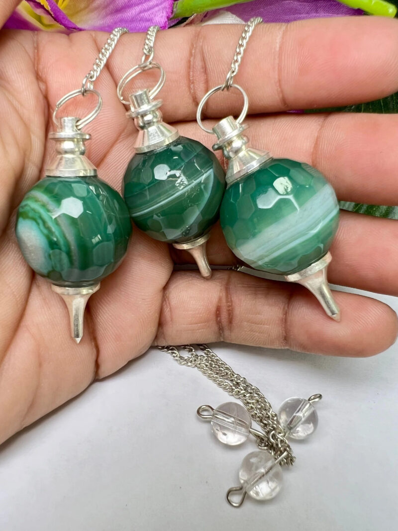 Green Banded Onex Ball Pendulum Gemstone Dowsing Pendulum Chain Attached Reiki Crystal Healing - Image 3