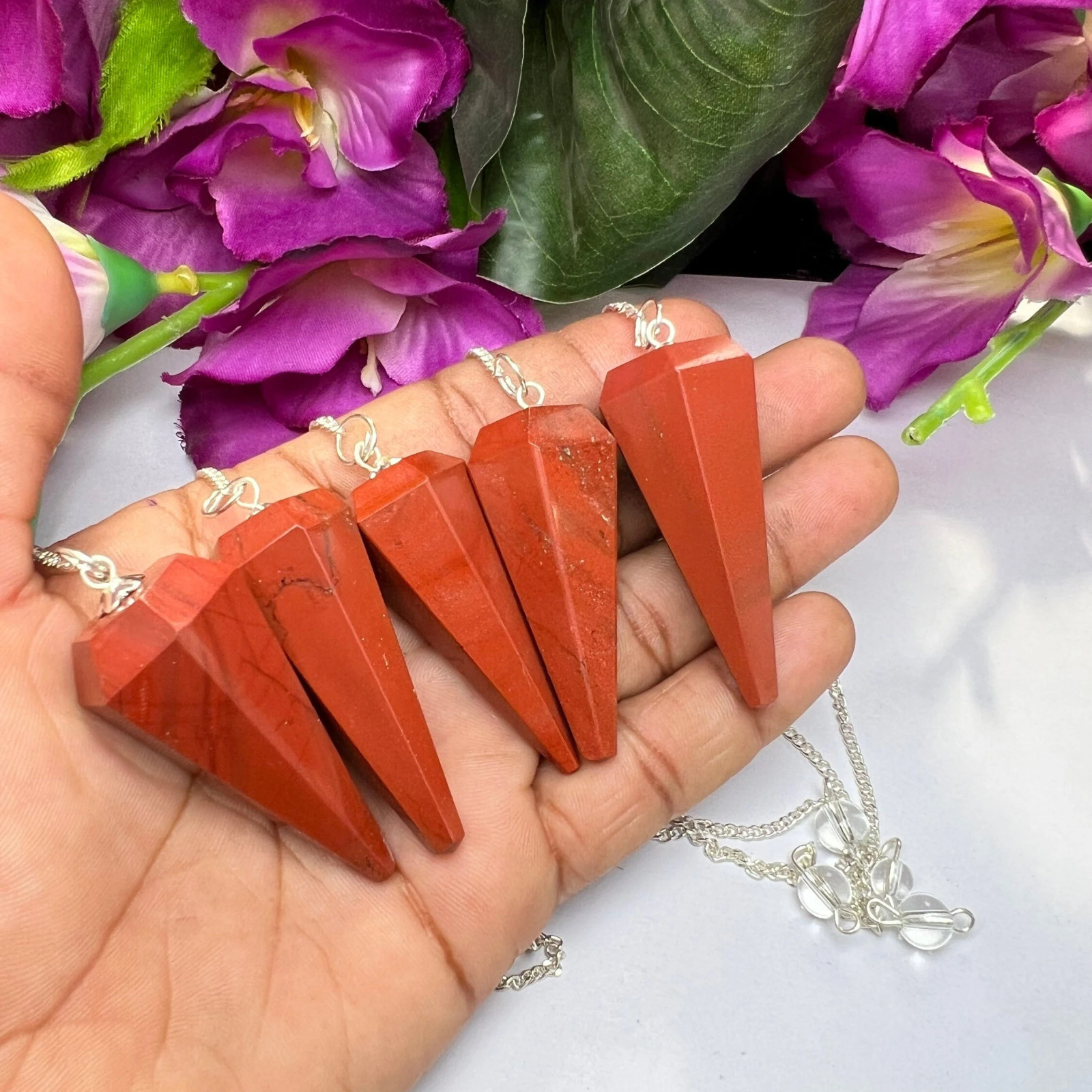 Red Jasper Faceted Cone Pendulum Gemstone Dowsing Pendulum Chain Attached Reiki Crystal Healing