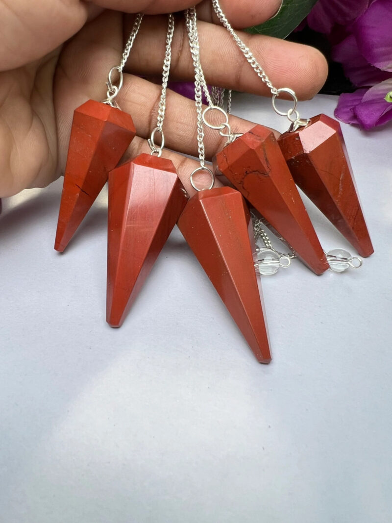 Red Jasper Faceted Cone Pendulum Gemstone Dowsing Pendulum Chain Attached Reiki Crystal Healing - Image 3
