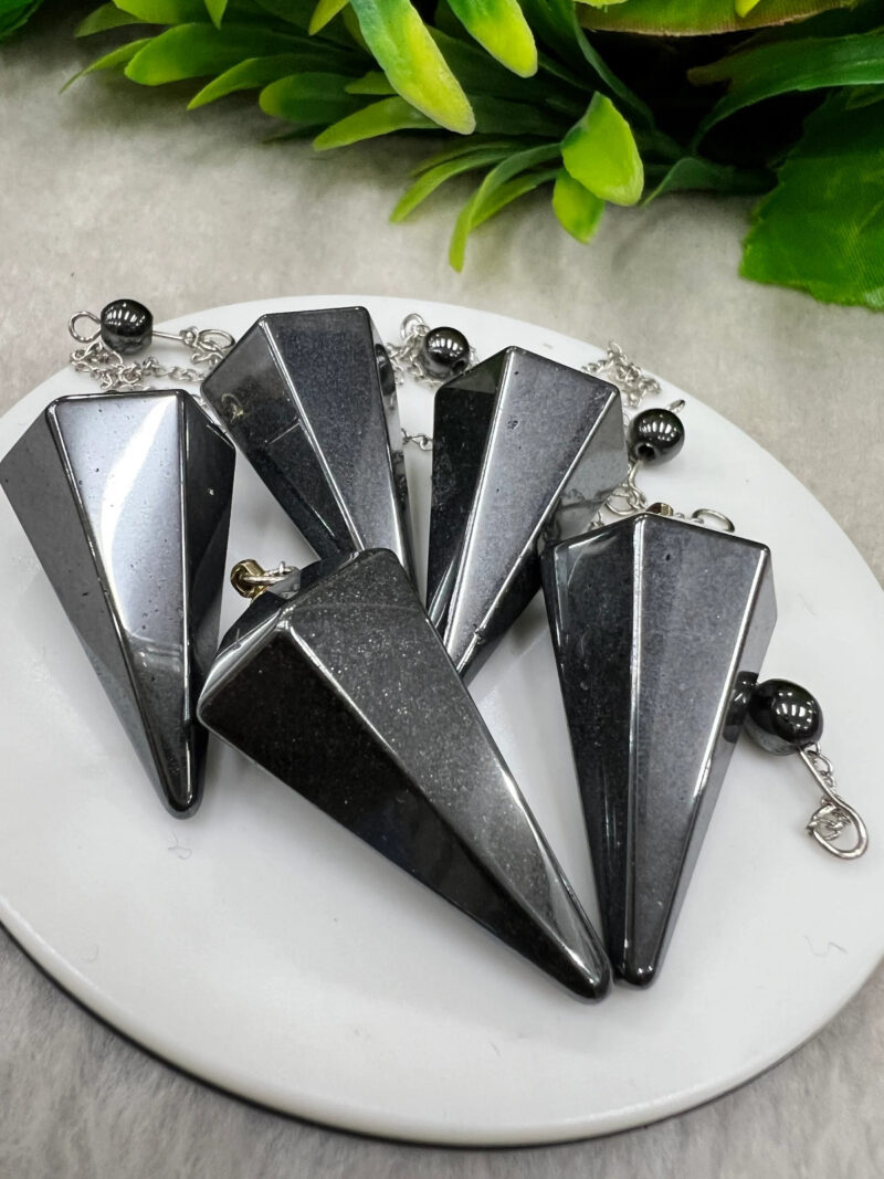 Hematite Stone Faceted Cone Pendulum Gemstone Dowsing Pendulum Chain Attached Reiki Crystal Healing