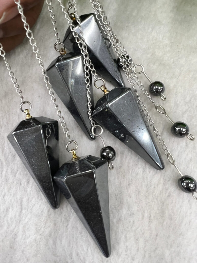 Hematite Stone Faceted Cone Pendulum Gemstone Dowsing Pendulum Chain Attached Reiki Crystal Healing - Image 3