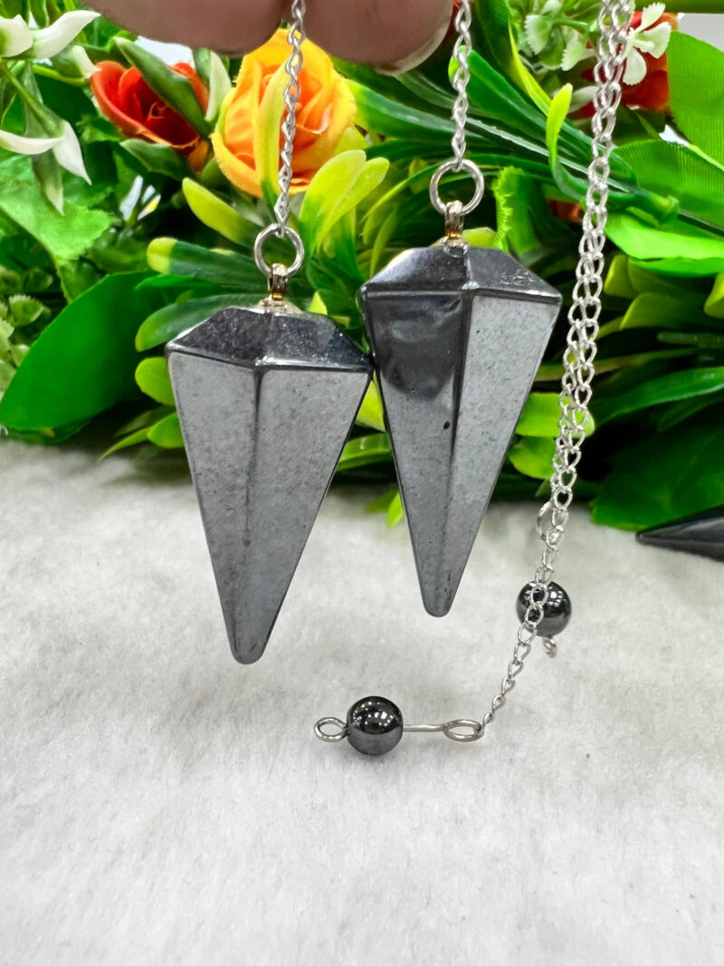 Hematite Stone Faceted Cone Pendulum Gemstone Dowsing Pendulum Chain Attached Reiki Crystal Healing - Image 4