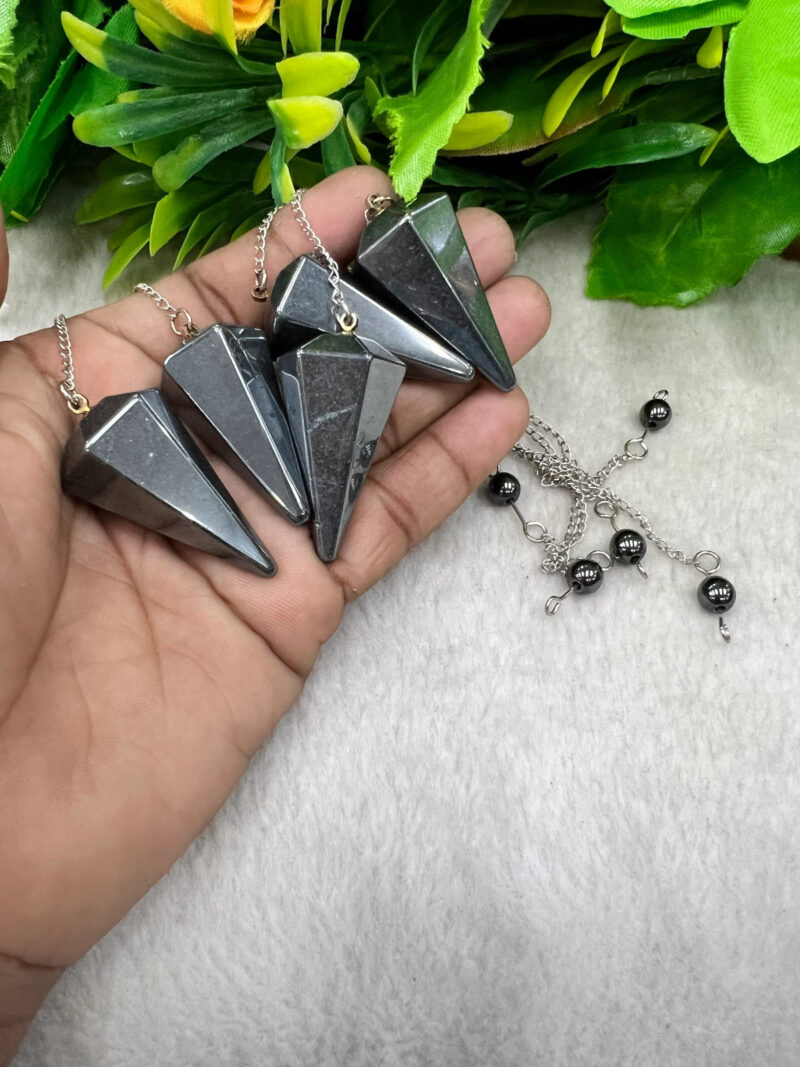 Hematite Stone Faceted Cone Pendulum Gemstone Dowsing Pendulum Chain Attached Reiki Crystal Healing - Image 7