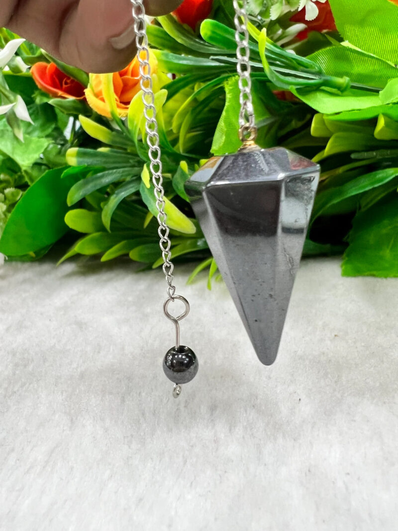 Hematite Stone Faceted Cone Pendulum Gemstone Dowsing Pendulum Chain Attached Reiki Crystal Healing - Image 9