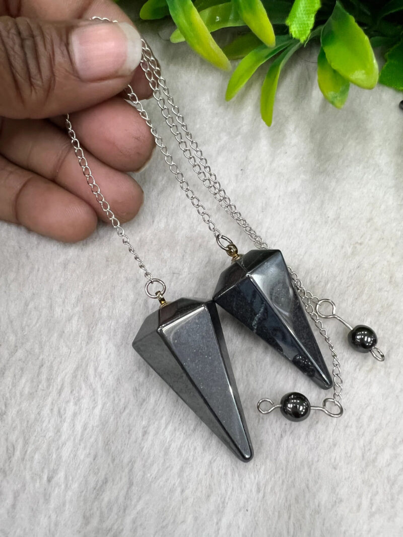 Hematite Stone Faceted Cone Pendulum Gemstone Dowsing Pendulum Chain Attached Reiki Crystal Healing - Image 11