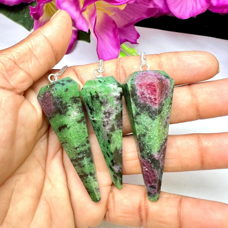 African Ruby Zoisite Stone Faceted Cone Pendulum Gemstone Dowsing Pendulum Chain Attached Reiki Crystal Healing