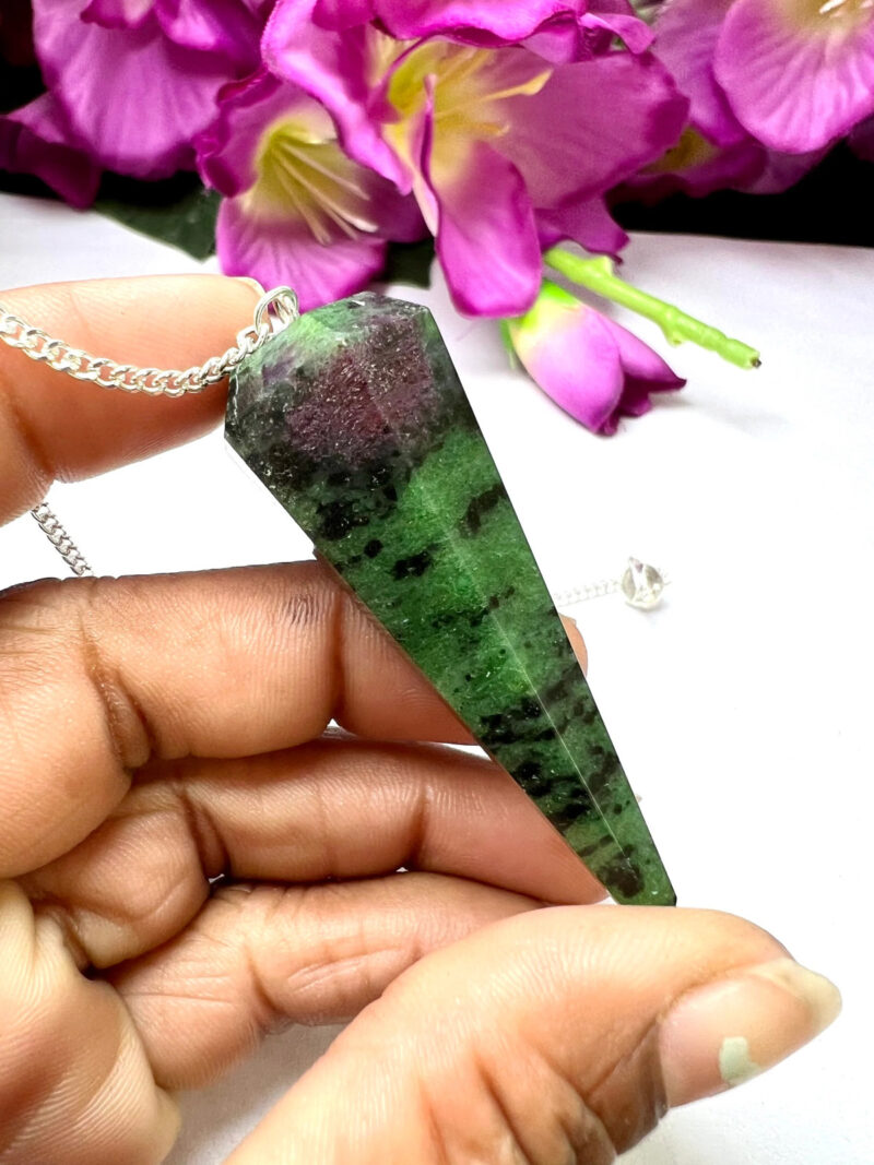 African Ruby Zoisite Stone Faceted Cone Pendulum Gemstone Dowsing Pendulum Chain Attached Reiki Crystal Healing - Image 6