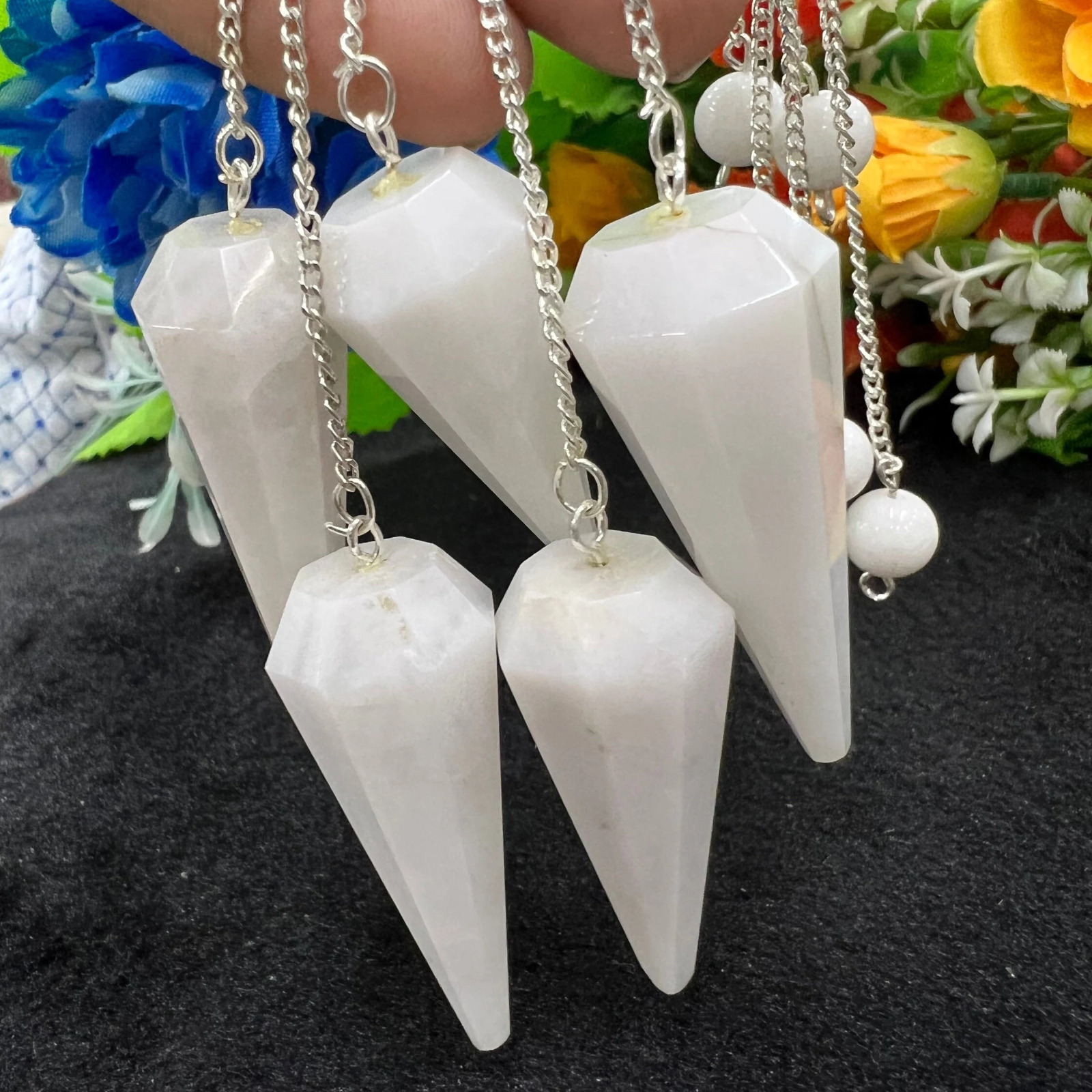White  Stone Faceted Cone Pendulum Gemstone Dowsing Pendulum Chain Attached Reiki Crystal Healing